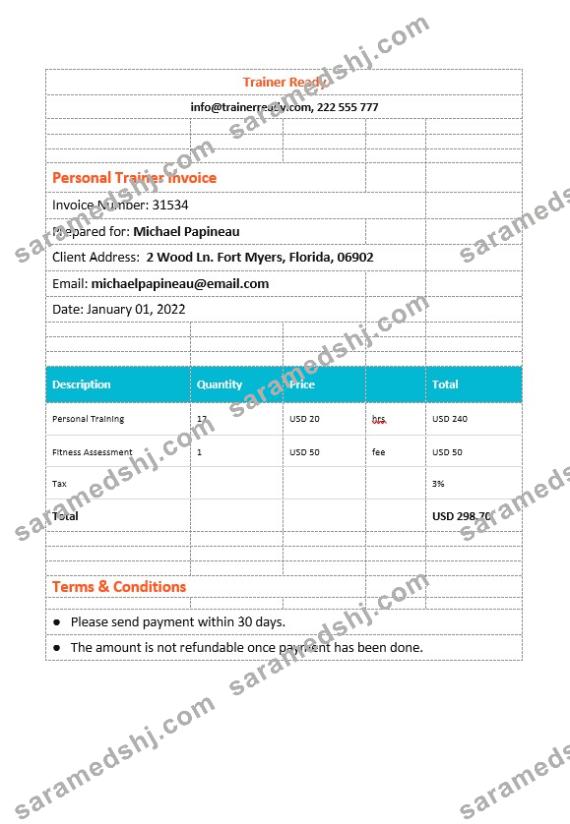 Personal Trainer Invoice Template